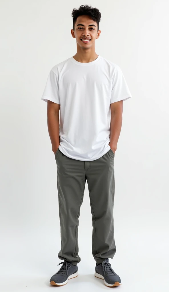 Portrait of a young Indonesian man, 20 year old, smooth light brown skin, sunken almond-shaped brown eyes, strong eyebrows, very short curly black hair, army look hair style, no mustache and no beard, symmetrical face, faint smile, skinny body build, height 165 cm.
Hair style : very short curly black hair, army look hair style
Outfit : Wear White short-sleeved shirt neatly tucked into trousers, gray casual trousers, sport shoes.
Pose : Standing casually with hands in pockets.
Camera Angle : Eye level shot, front view, full body and legs.
Background : Plain white background.
Picture : Photorealistic, High resolusion, cinematic focus, cinematic lighting, color image, cinematic color, detailed skin texture, blurred background, Natural shades.
