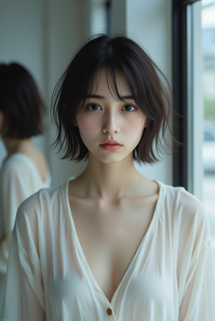 8k, Hi-res, HQ, masterpiece, photorealistic, A low angle portrait of a girl (sitting at a outdoor caf and put her breast on table, wearing a (white button shirt:1.3), surrounded by a cozy atmosphere), over exposed breast, alluring gaze, beautiful face, mesmerizing greeney eyes, luscious lips, (messy short hair with (rainbow color hair:1.4)), erotic pose, sensual atmosphere, soft skin, perfectly huge sagging breasts with soft skin, exquisite details, captivating beauty, confidence, elegance and charm, all eyes on her, desirable, irresistible temptation, sultry mood, enticing allure, sizzling sensuality, enticing curves, feminine grace, teasingly erotic, captivating curves, naughty innocence, forbidden desire, unrestrained passion, creamy complexion, inviting gaze, bewitching smile, curvaceous silhouette, slender posture, skinny body, collarbone, perfect hand, playful imagination, intimate moment, photon mapping, natural lighting, cool color, aesthetic, unique, (facing forward:1.3)