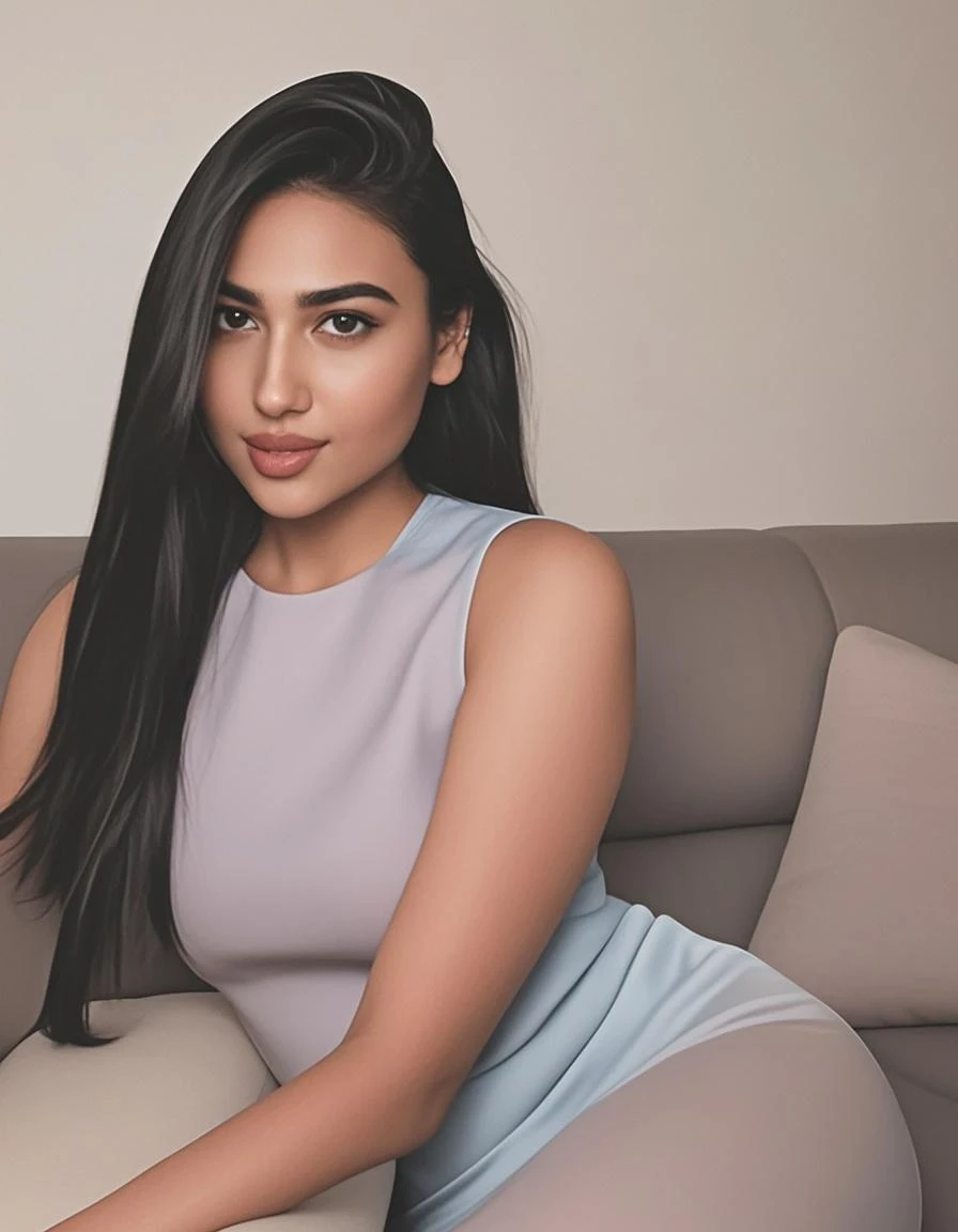 Japanese women in the bedroom. A piano can be seen behind her. She is dressed in a blouse and trousers. Wearing heels. She is sitting on the bed. Pretty girl with blue eyes, ultra realistic, minutely detailed, Sophie Mudd face. Black, wavy hair, slicked back. With big, brown eyes. No makeup, natural, subtle makeup. Looking directly at the camera, stunning gaze. The camera is about 5 meters from the woman.