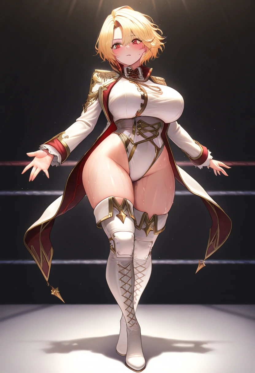 (Masterpiece:1.2), (Very detailed:1.2), (Beautiful:1.2), (gigantic breasts:1.4), (Aletta ocean face), (black horns on head: 1.6),((masterpiece)), highly detailed, perfect, black and gold leotard, skindentation, ((4 arms:1.3)), (gray skin:1.1), (black gauntlets), (white lipstick:1.4), neutral expression,