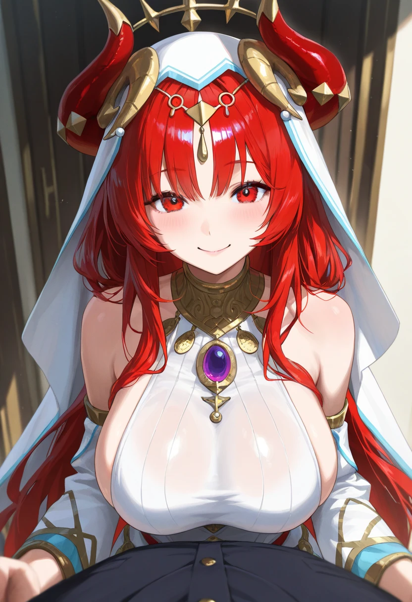 beautiful girl, Bright red hair, Detailed purple eyes, Sexy white armor、(( Very large breasts:1.5))、Red Cape、Gold Necklace、Golden earrings、In close range
