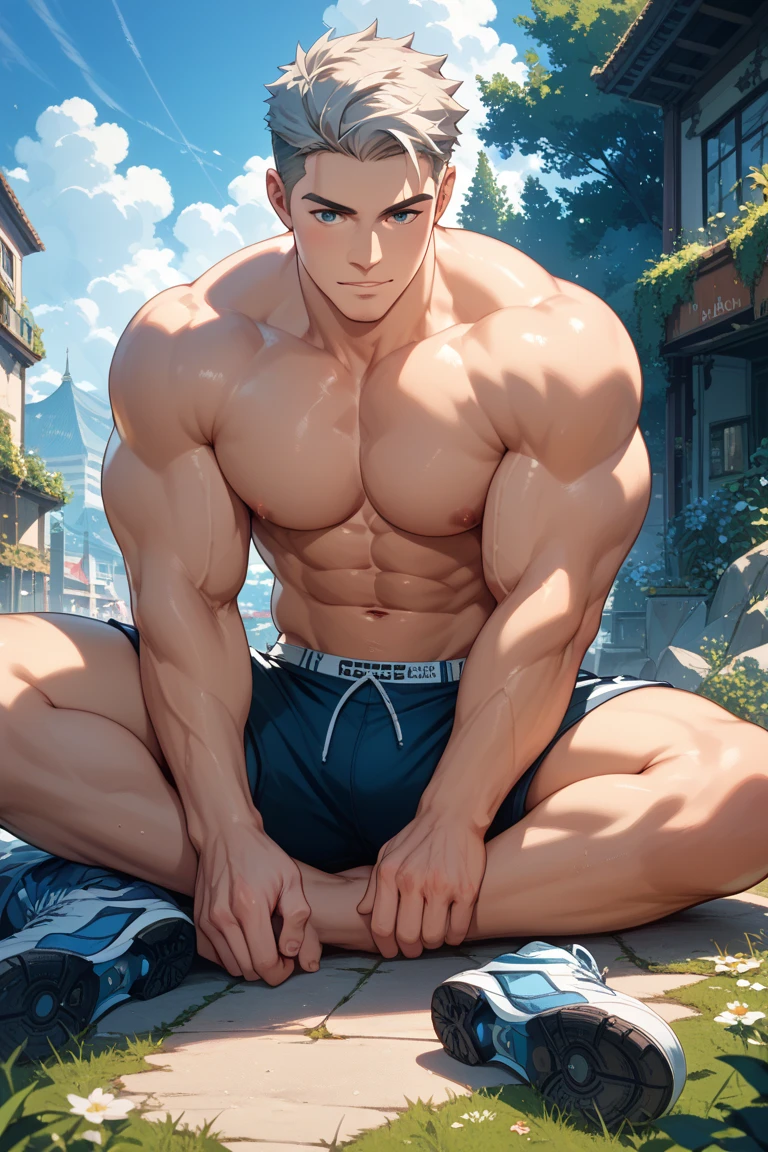 a highly detailed realistic image of a handsome and strong white anime boy of 17 years old with and a strong athletic body, wearing a ancient wrestling outfit. sitting in rain in a abandoned dojo, athletic, powerful, agile, highly detailed abdomen and chest highlights, his physical powers are clearly shown, cute, masculine beauty, wearing a pendant