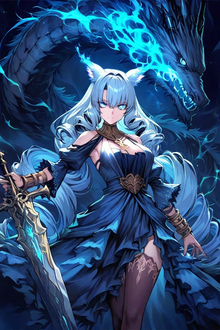 A fantastical character stands majestically in a dark, ethereal setting, radiating an aura of otherworldly power. Her appearance is striking, with long, flowing silvery hair and cat-like ears subtly shimmering in blue luminescence. Her eyes are a deep, captivating cerulean, emitting a mysterious glow that matches the intricate patterns winding across her skin. These blue, luminescent designs resemble mythical dragons, swirling around her arms and torso, almost alive with movement. The detailing is intricate, and they pulse with a magical energy that seems to light up the surrounding darkness.

She clutches a glowing sword in each hand, the blades ablaze with the same mystical blue light, emphasizing her readiness for battle. Her attire is dark and form-fitting, contrasting sharply with the vivid blue glow that highlights her form. The mood is intense and enigmatic, blending elements of fantasy and mystery. This image captures a scene teeming with magical artistry and dynamic energy, drawing the viewer into its mysterious narrative.