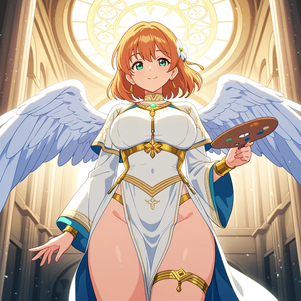 (Masterpiece, Best Quality, High Quality),volumetric lighting, illustration, beautiful, Hoshizora rin, yellow eyes, orange hair,cowboy shot, white bodysuit, goddess wings, gold tiara,on heaven, blue sky, thighs , humiliated ,thigh strap