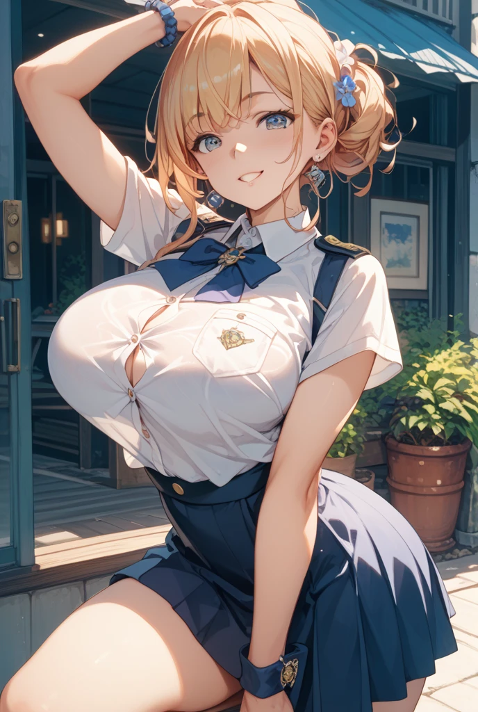 1girl, solo, mediaval, village, houses, people, street, rainbow colored hair, parted hair, ponytail, large breasts, button down, ((light brown vest sweeter)), dark blue eyes, ((white shirt)), ((unbuttoned shirt)), ((short sleeved shirt)), ((long brown skirt)), brown shoe, smile, looking at the viewer, standing, hair ribbon