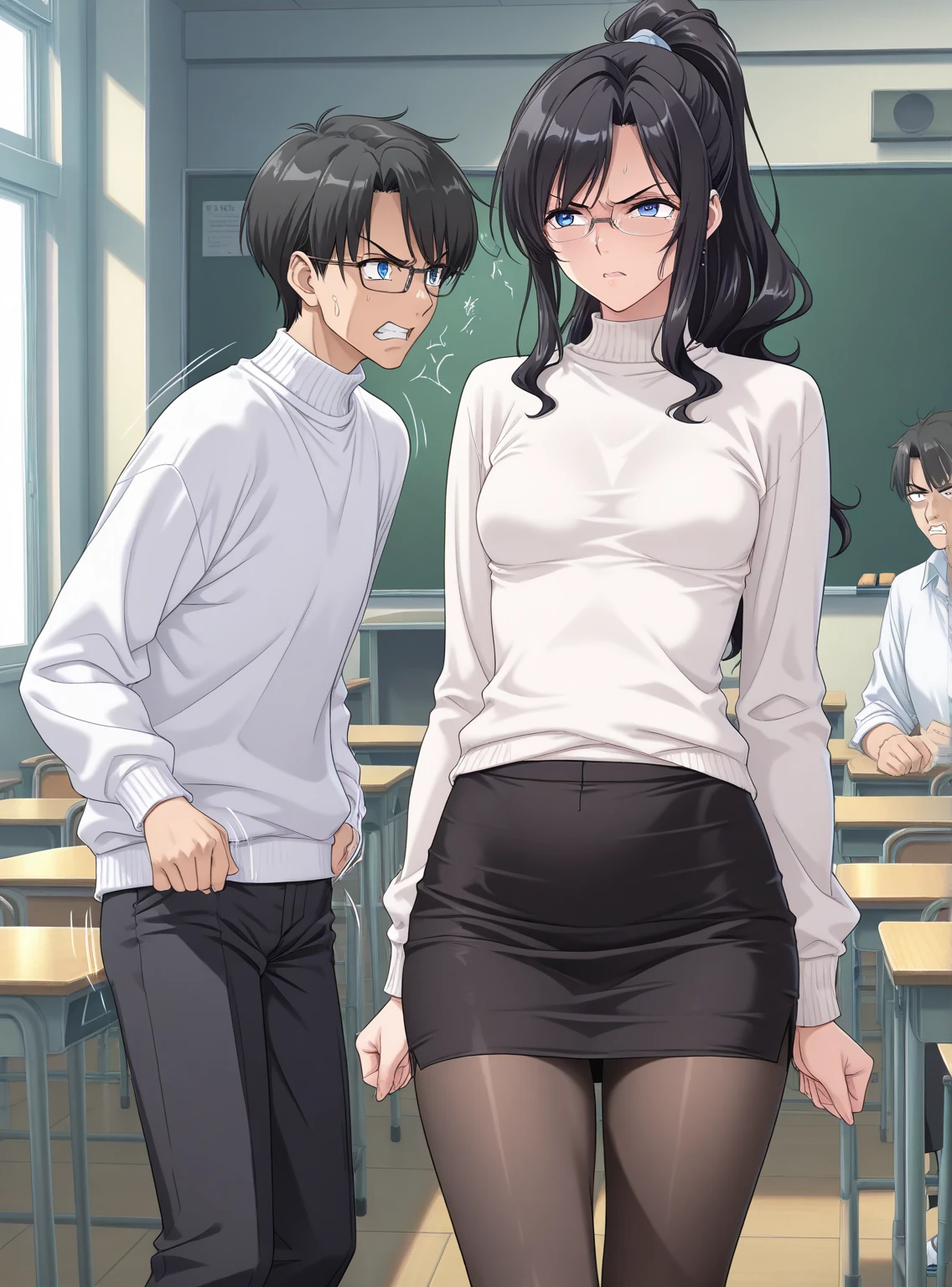 Highest quality,Highest quality,A female elementary school teacher in her 30s and a 6-year-old boy、The teacher is wearing a tight long skirt、The teacher hugs the boy from behind.、Put your hand in your crotch