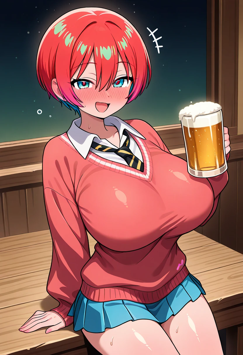 1girl, makima, (Chainsow Man) breasts, cup, cleavage, food, eyes, soil, mug, smile, beer mug, alcohol, beer, hair, looking at viewer, holding, heart, hair, big breasts, smile, holding cup, table, plate, breasts on the table, huge breasts, long sleeves, chest_rest