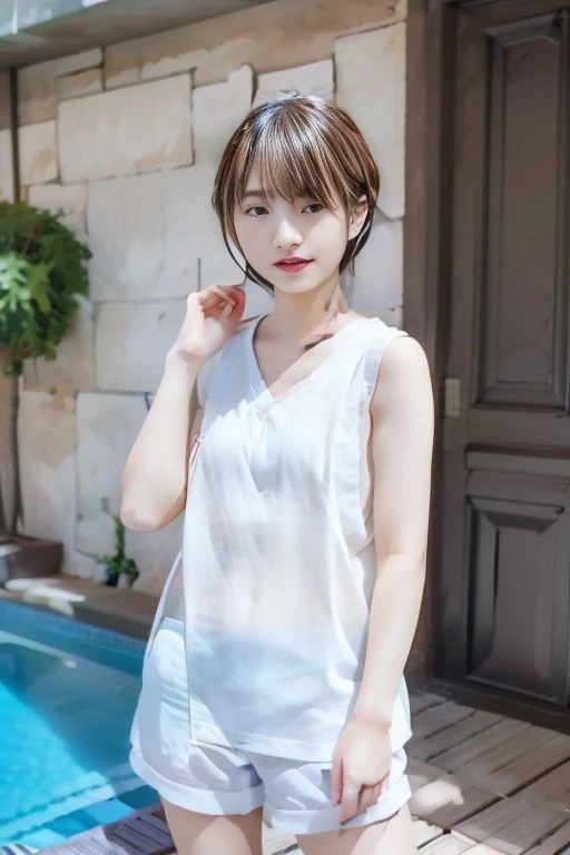 masterpiece,high resolution,realstic,RAW-photo,daytime,summer,daytime,shoot from front,1young girl,super cute teen,japanese idolsh face,detailed face,smiling,see-through clothes,solo,short hair,hair bun,pool,