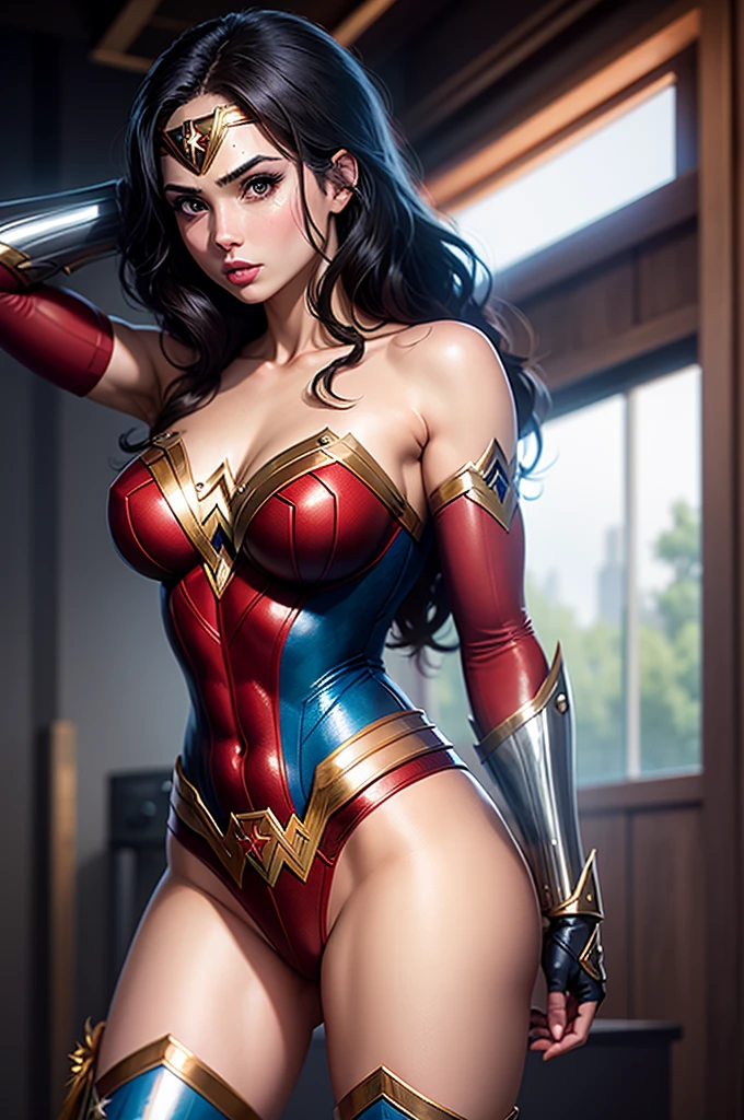 (( She's weak., nas pontas dos dedos)) (She's wearing stiletto high heels) ((Your blouse is tattered, Your mesh is tattered, his uniform is tattered, seu traje esta esfarrapado, your clothes are tattered)), ((SUPERHEROINE Wonder Woman standing, tiptoeing, PAINFUL RESTRAINT)), ((vezes, vagabunda, prostituta, vadia)) She's sweaty all over her body. She's screaming in terror, She's terrified, She's crying a lot. ((ela tem cabelo preto, ela tem cabelo longo)), ((She's wearing a Fishnet garter belt)), ((Wearing a thick metal necklace around the neck )) She screams and begs for mercy, Ela cai no choro. Wearing a thick metal necklace around the neck with a chain. Usando maquiagem pesada no rosto. (Your clothes are immoral, your clothes are indecent). Shibari, arms behind back:1.4), (hands on back), (obra-prima, melhor qualidade) 1.5, 1girl, sozinho, (sexy, mulher bonita, rosto perfeito, olhos perfeitos) corpo inteiro, (Shibari, arms behind back:1.4), (hands on back), ((cabelos pretos)). ((High Definition Face))