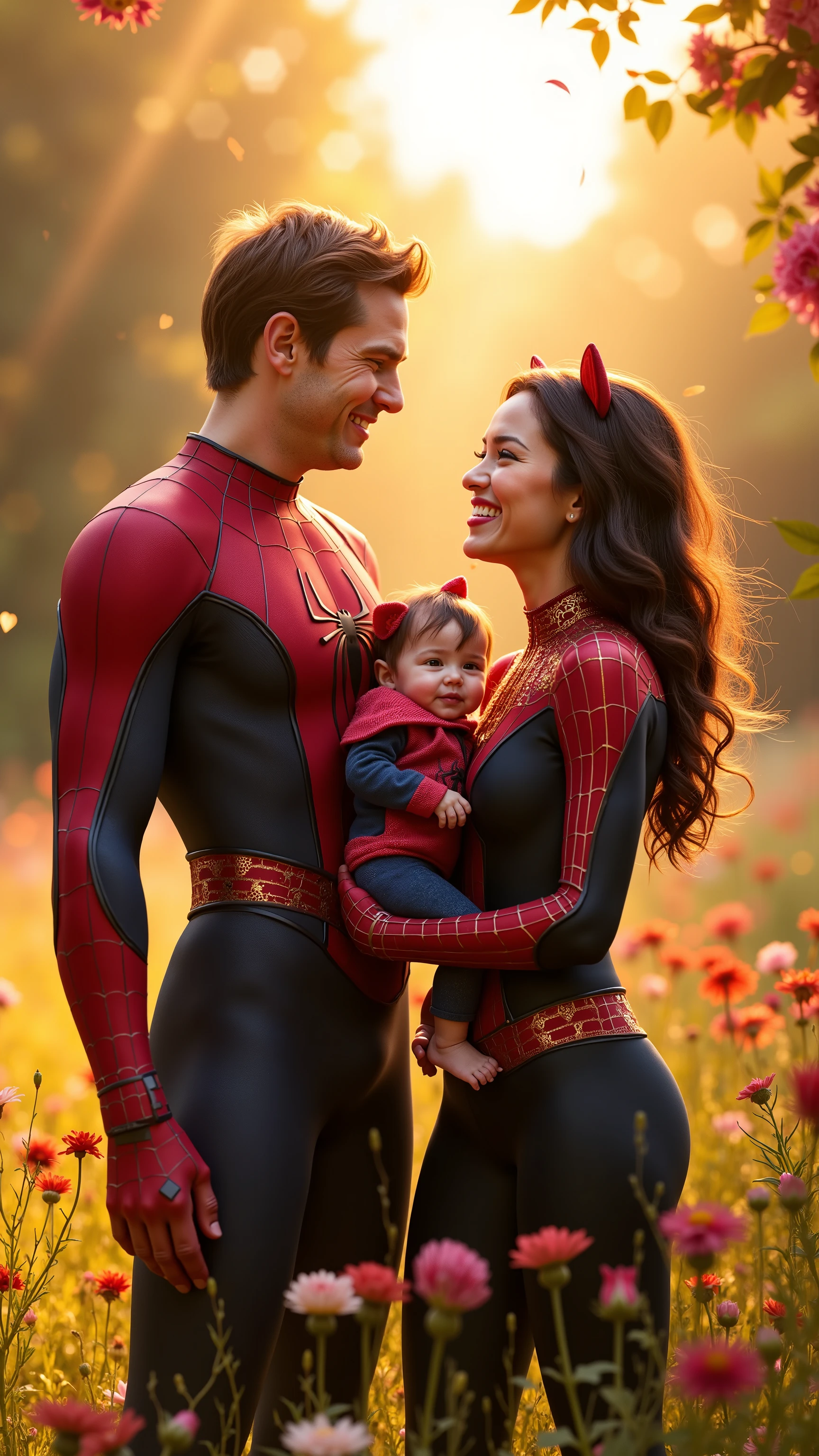 Spider-Man,Peter Parker,Spider-Man, Peter Parker, A hyper-realistic, cinematic full-body portrait of a superhero family frozen in a moment of pure joy. In the heart of a sunlit garden bursting with color — roses, daisies, and tall golden grass swaying in the warm breeze — stand Spider-Boy, Cat-Girl, and their newborn child.
Spider-Boy wears a ceremonial version of his red-and-navy suit: lighter fabric, matte finish, open collar, golden embroidery tracing the seams. His mask hangs from his belt, and his tousled brown hair catches the wind. His face glows with a wide, relaxed smile — cheeks flushed, brow arched, eyes squinting from laughter. One arm wraps firmly around Cat-Girl’s waist, the other gently cradles the ’s head.
Cat-Girl stands beside him, turned slightly into him — her black-violet suit softened with pearlescent tones and a shimmering red sash. A delicate golden spider-lace decorates her neckline. Her cat ears, tipped with tiny flower clips, peek through her loose, voluminous dark hair that flows in the breeze. Her smile is open, bright, and full of life. She glows — literally — as sunlight scatters through pollen and warm particles in the air.
Between them, their infant is wrapped in a tiny red-black hero suit with mini spider booties and soft cat ears on the hood. The has chubby cheeks, wide eyes, and one tiny hand gripping the edge of Cat-Girl’s suit. His mouth is open in a soft giggle, and his dangling legs kick gently.
Around them, the air sparkles: heart-shaped petals, floating lights, warm beams of sun through tree branches. The family stands barefoot in grass. Wind lifts their sashes and hair. The world isn’t still — it breathes.
It’s not a photo. It’s a memory in motion.
Tags: superhero family, joyful portrait, comic-book beauty, heartwarming moment, spidey, garden sunlight, cinematic glow, ultra-real emotion
Tags: superhero fam