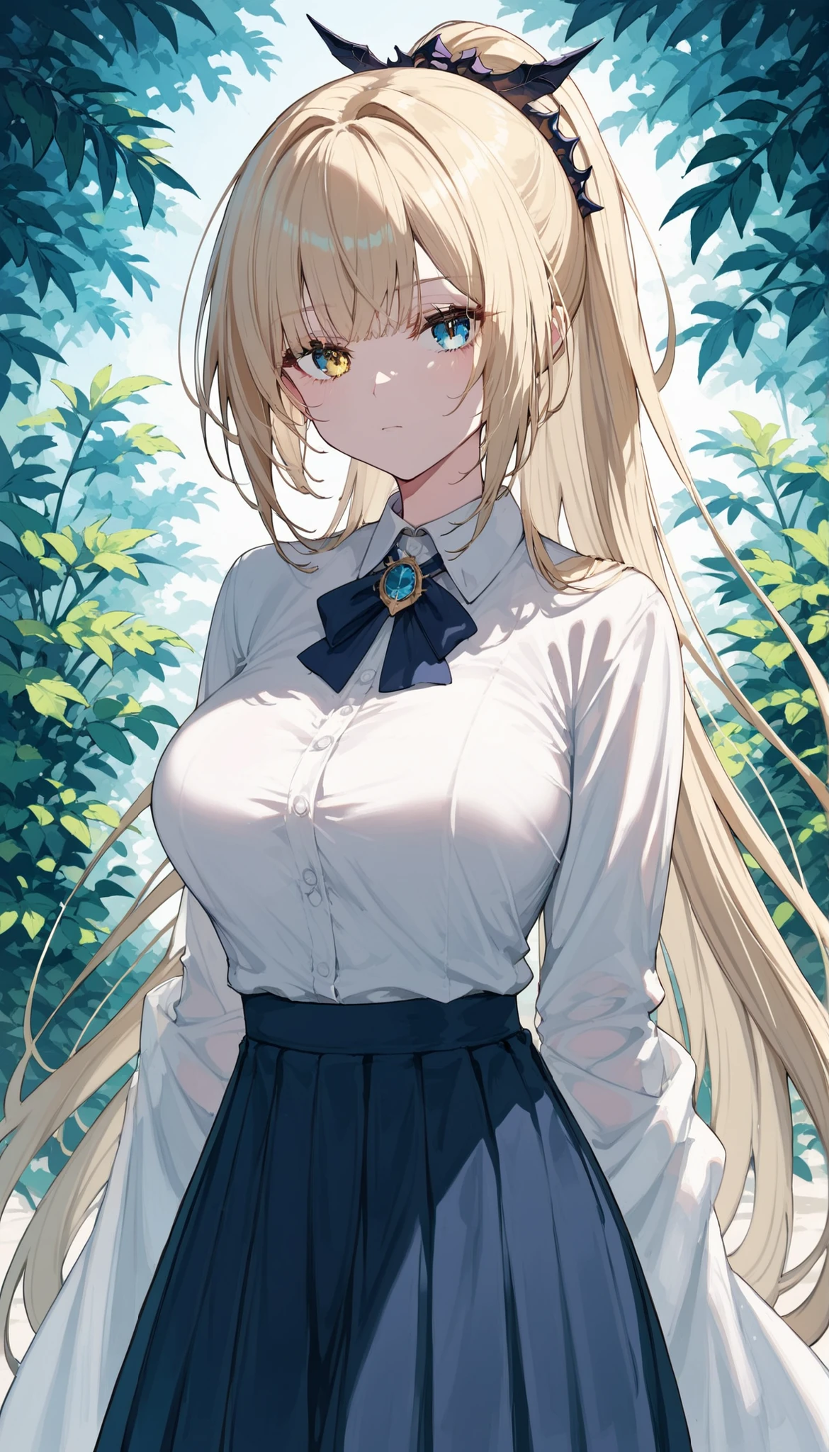 little girl,Golden bronze hair, Blue eyes,debate in blue and yellow eyes,Two tone eyes,milf,Big Breasts,long hair, alter ego,saint,deity,foliage, hair ornament,Shawl,,slim,,Barely striped background,Collared shirt,navy pleated skirt,Bored, ponytail