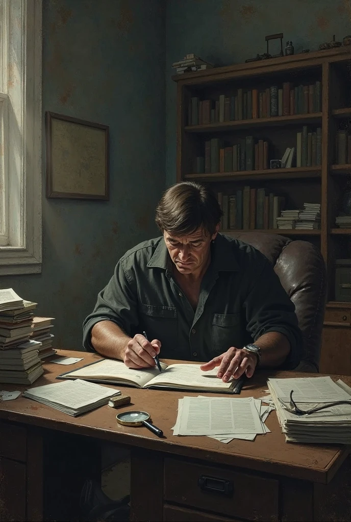 (oil painting) (full body) A victorian naked muscular beautiful men with huge bulging pecs and muscles and a gigantic uncircumcized cock portrays an worried expression as he sits in a chair in his office while reading a strange ominous red book