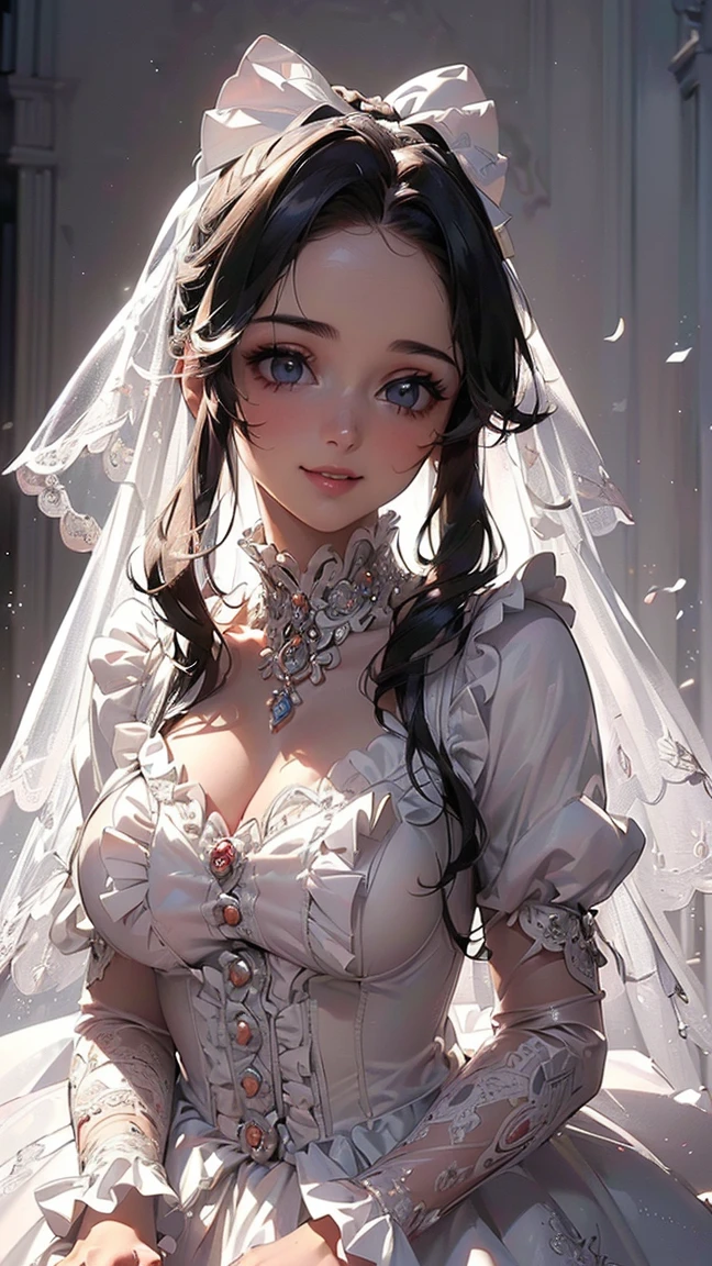 Structure diagram above the knee, bride with the perfect female body who walks into the church, delicate face, high nose, bright eyes, soft lip shape, holding a bouquet of flowers, white transparent silk scarf on her head, accessories (bracelets, necklaces, earrings, bracelets), shoulder-length hair, light makeup, medium breast size, wearing a half jacket, selfie, clear facial features of Canon EOS, 8K high resolution, clear and realistic details