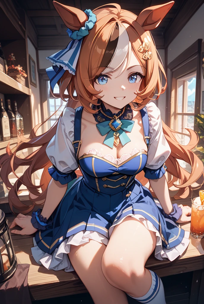 1girl, solo, super fine illustration, an extremely delicate and beautiful, best quality, masterpiece, 8K, resna\ (atelier resleriana\), Chestnut-colored hair, sapphire blue eyes, golden hairpins that hold her bangs, white and blue hair ornaments on the sides, alchemist, braid, mystical alchemy workshop, glass vials, books, candles, mixing ingredients, standing over large cauldron, pouring liquid, smiling, concentrated, sparkling particles, bubbling concoction, dim lighting, intricate details, depth, vivid colors.