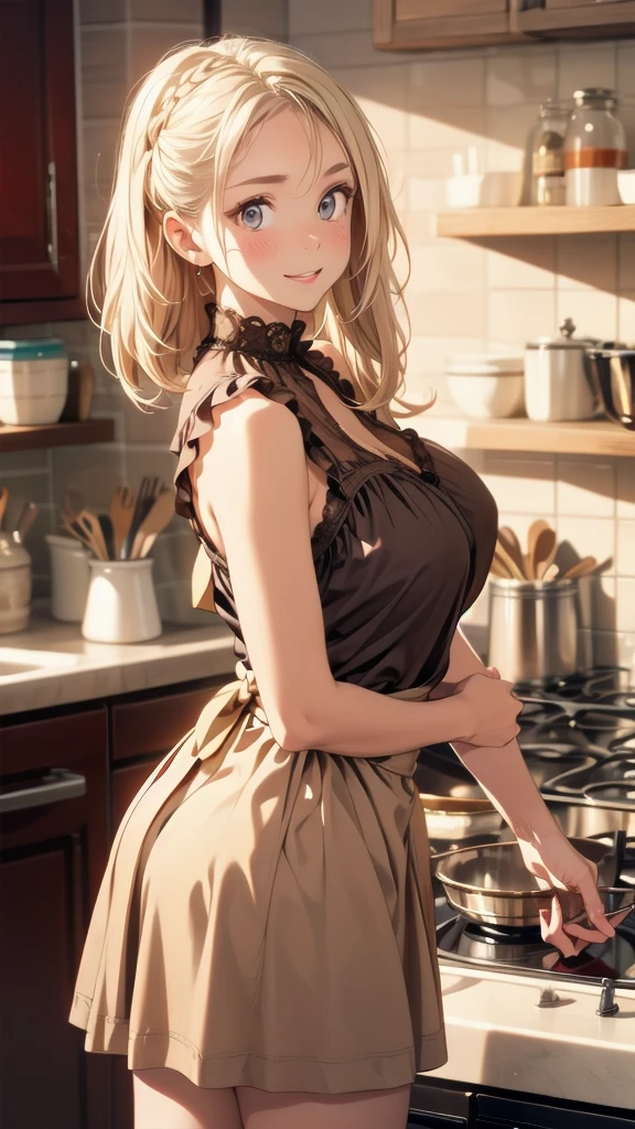 (Top Quality, High Resolution, Masterpiece, 4K), (soft light, shiny hair, beautiful eyes), young woman, full body view, lovely smile, ((Random Hairstyle, bangs, light colored hair)), ((greedy eyes, brown eyes, perfect eyes)), ((detailed face, blush:1.1)), (( Smooth texture:0.75, Realistic texture:0.65, Realistic:1.1, Animated CG style)), Large breasts, cleavage, seductive body, (random color striped shirt, random color bikini, attractive thighs visible), Pretty necklace, cute earrings,(Neck-hung breast apron with random colors on the naked body, in the kitchen), strong sunlight, hand in own hair, showing chest with smiling , from below+, gesture of hair tied back with both hands, dynamic pose