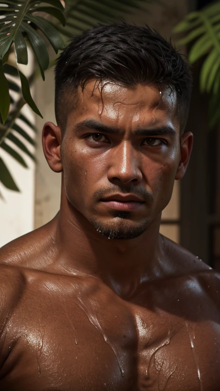 Myanmar's most alluring man, full-bodied figure,
Sweat-drenched skin glistens under the light,
Low fade hair style accentuates his attractive face,
Manly physique, big body, a sight,
Bright skin radiates with a natural glow so dapper,
Toned down body, tattoos intricately inked,
Image of realism, a work of IA's art,
4K resolution, 8K enhancement, a striking part,
Color restoration at 100%, superbly refined,
Cool-toned color grading adds allure, defined,
High-angle shot