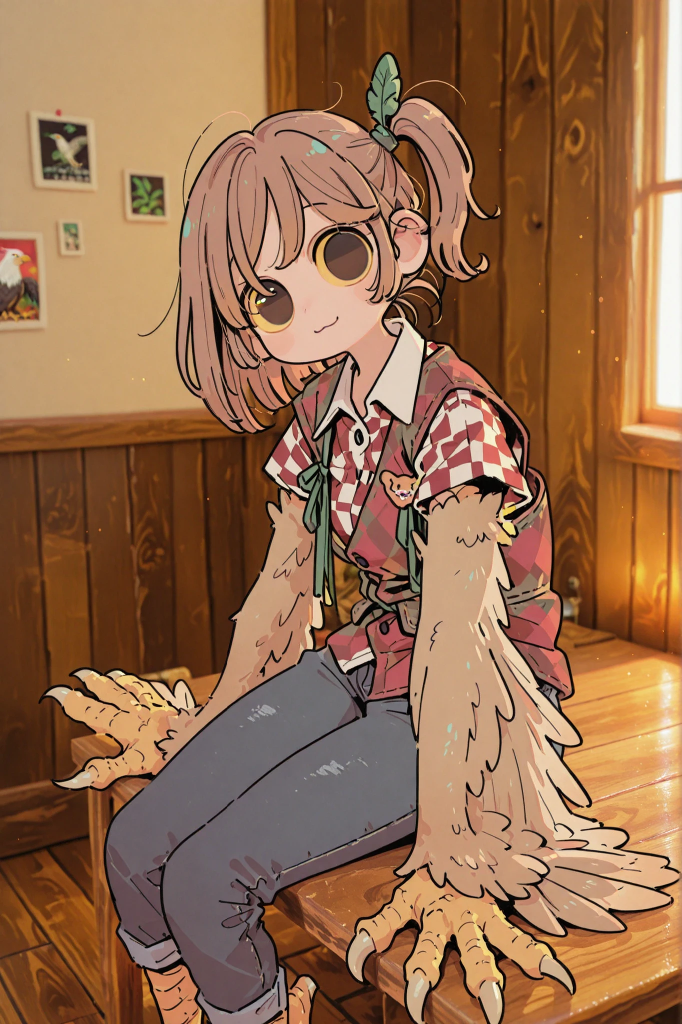 1 girl, Harpy, (Eagle harpy), (light brown feathers), (fluffy feathers), (Eagle eyes), ((sitting on the table)), NRA patch on vest, slender, tall female, masterpiece, sharp focus, best quality, depth of field, beautiful, cinematic lighting, vibrant colors, (warm light), cozy light, brown hair, (side ponytail), deep-green ribbon, (round eyes), big eyes, large pupil, (yellow sclera), black pupil, looking at viewer, (relaxed expression), calm, ((red checkered shirt)), deep-green vest, dark-blue jeans), inner background, wooden walls, wooden floor, feather winged arms, claws palms,