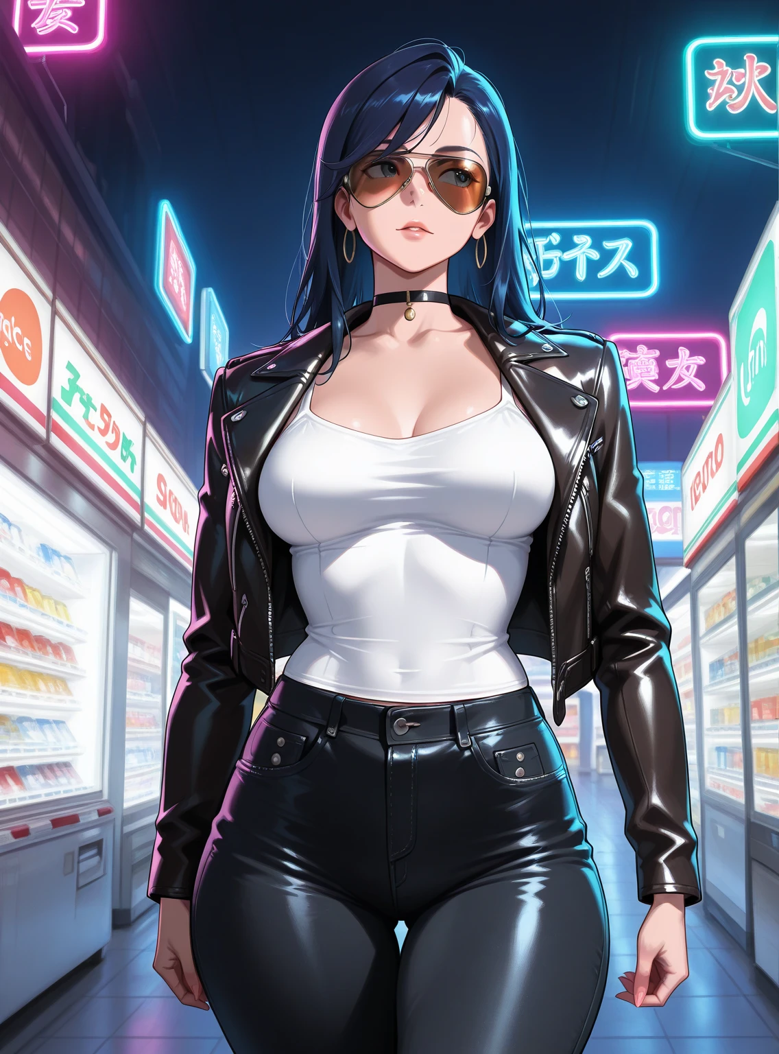 Appearance々Beautiful voluptuous and cute girl, hip-hop artists, korean idol, dark street clothes., gothic trap-rap style, neon windows , Neon Advertising, full body bottom, album cover photo, natta, Infinitely tall residential buildings, china