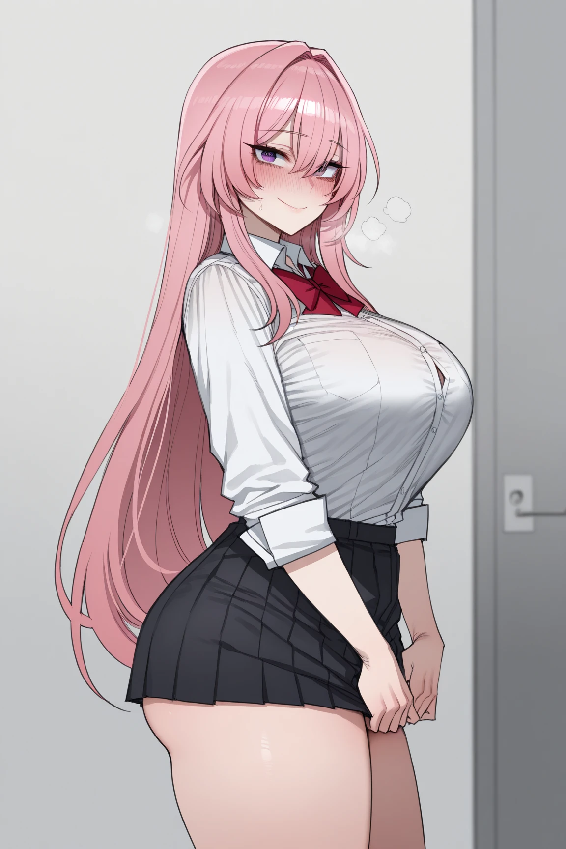 best quality, (masterpiece:1.2), detailed,
Fujiwara Chika (Kaguya-sama),
1 girl, alone, open mouth, Smile,
pink hair, blue eyes, long hair,
Uniforms, black skirt, hairpin, black bow, red belt,
Permanently installed,looking at the audience,(((She lifted her shirt, Reveal under her bra))).
classroom