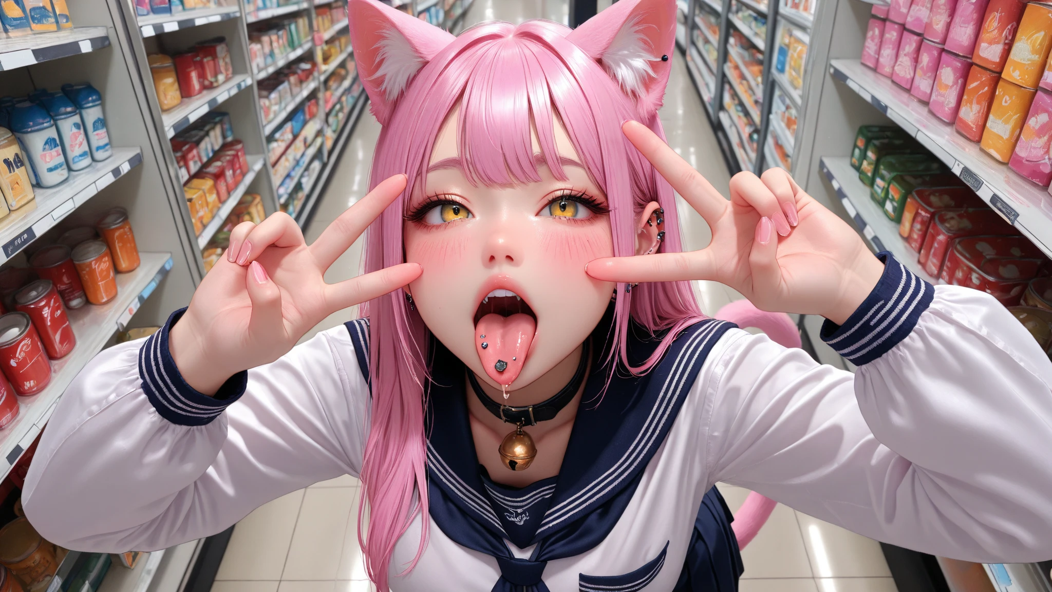 woman, dog ears, rainbow hair, sweating, making peace sign, petplay, full body view, dog collar, pigtails, cheek blush, bedroom, smiling, salivating, drooling, cum on tongue