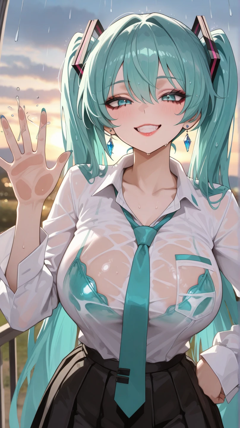 (masterpiece), (highest quality), (illustration), (super detailed), (high resolution), absurdity, 1girl, hatsune miku, vocaloid,seductive smile,blush,pajamas,night,bedroom,yokozuwari,looking at viewer,bimbo,cleavage,hair ribbons,star necklace,cowboy shot,taking a selfie