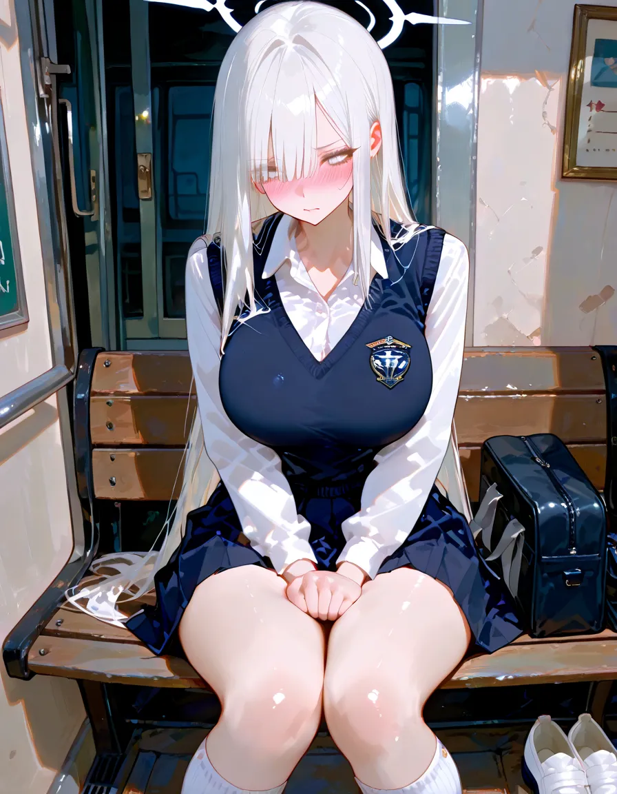 Composition seen from the side NSFW:1.9. The penis is inserted into the vagina:1.9 A mature high school girl with short silver hair is raped on a crowded train、High 、Gal、Intense sex:1.9 Surprise、Sweat, penis, man's hand:1.3,White underwear:1.3. Molester、Hands touching buttocks:1.9