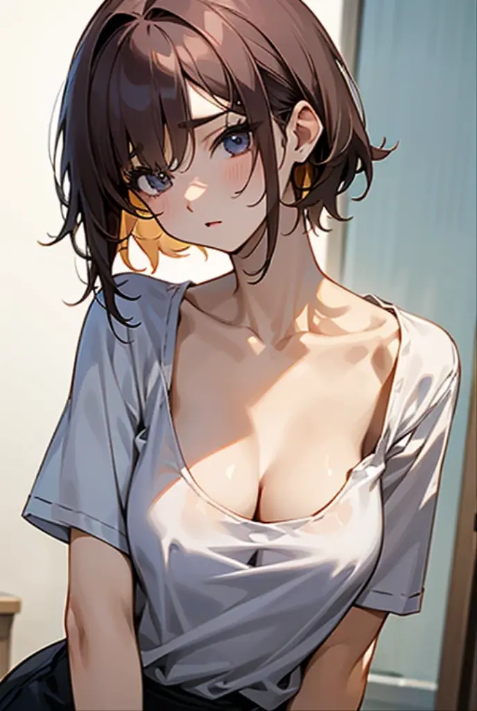 One girl, solo, High resolution, Blushing, Brown Hair, teeth, tongue, High resolution, Shortcuts, Bangs, Bob Hair, Disheveled Hair, White KNIT camisole、Sheer tube top bra、Shoulder straps、Wear a loose, oversized shirt、Denim pants、Earrings、Wheat skin、beautiful girl、teen、slender、mini brests、