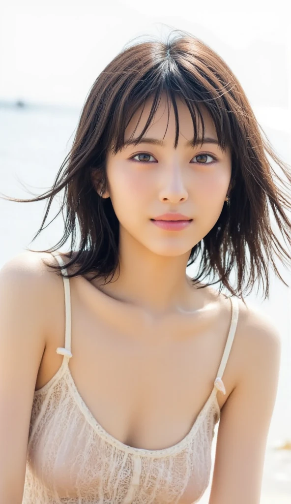 8k, highest quality, masterpiece, super high resolution, (realistic:1.4), RAW Photos, (Film Grain:1.3), One Girl, portrait of a skinny Japanese woman, 30 years old, standing on the beach, a cute face, detailed face, detailed eyes, {short|long} hair, correct body anatomy, photogravure