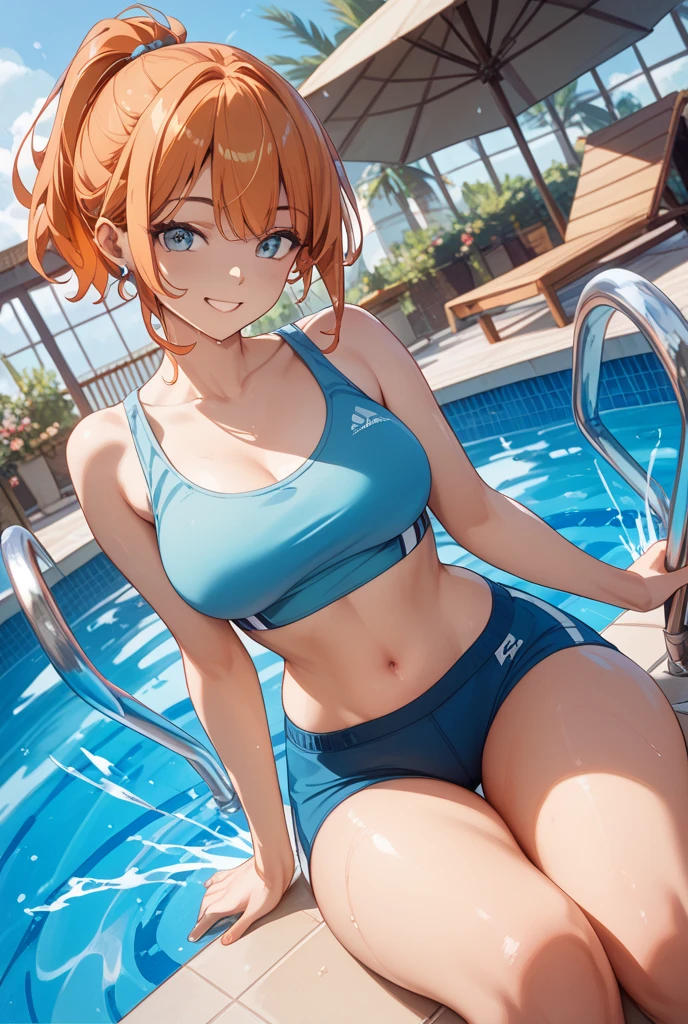 (Original Character、Unity 16K Wallpaper, Masterpiece, Best Quality, Ultra-Detailed, Extremely Detailed CG, Cinematic Lighting, Detailed, Beautiful Detailed Eyes, solo), Ultra High Resolution, fine skin, track and field, shiny skin, smile, from front:1.2、(sexy women)、Arena、full body shot、lean back, hands behind the back, tank top, bikini bottom, show belly, show cleavage, legs open, open legs, camel toe, legs apart, show neck, sunny day、cowboy shot, short hair、sit on the ground, view from low angle, slim waist, wider hips