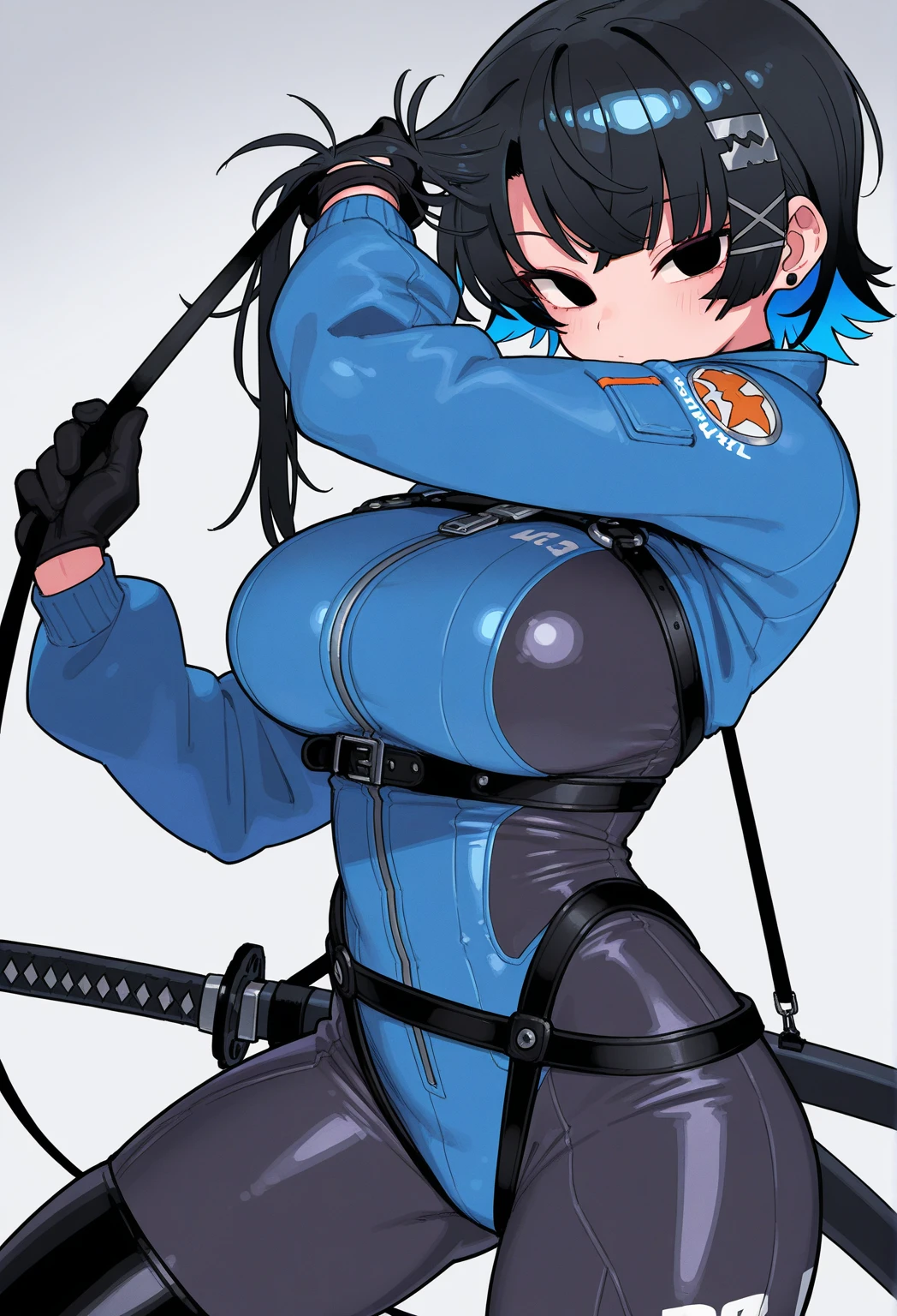 ultra-detailed, Explicit, Beautiful body, Beautiful Nose, Beautiful character design, perfect eyes, perfect face, ultra highres, 4K, beautiful legs, perfect legs, Nice hands, Perfect hand, Masterpiece, Best Quality, Highly detailed, illustration, absurdres, street fighter, doll suit, shadaloo doll, dollsuit, expressionless, blank eyes, looking at viewer, red gloves, emotionless, black latex, corrution, mind control, female combatant, full body, hypnotized, unhappy trance, full body suit, ribbed bodysuit, both arms at side, obey, perfect female body, extremely glossy latex, hypnosis, hypnoLora, empty eyes, Mind control device, poses, submissive_pose, Slave, hat, necktie, stand up straight, standing, standing at attention, hat, necktie, belt, latex, ribbed bodysuit, thighhighs, garter belt, Fighting Stance, extending the right arm from the shoulder into the air with a straightened hand, nazi saluting, military, military saluting, salute, thigh boots, 1girl, blue hair, short hair, blue eyes, senran kagura, yozakura, flower ornament