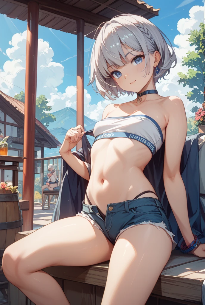 (topless), nsfw, masterpiece, magazine cover, 1 girl, erect nipples, las vegas, neon lights, nipples, high angle, intricately detailed, navel, necklace, holding smartphone, beautiful face, denim shorts, smiling, extremely detailed, photorealistic, octane render, 8 k, unreal engine. horse ears, horse tail, bare breasts, bare stomach, sweaty, detailed, cowboy shot, small breasts, puffy nipples, black belt, leg strap, hair ribbon, texts, sexy, shirtless, bare arms, hands on waist, short white hair, flat chest, slim waist, petite body, night, outdoors, desert