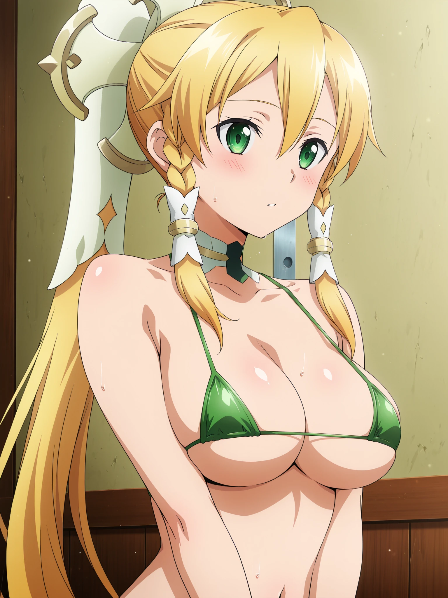 score_9, score_8_up, score_7_up,,BREAK source_anime, from side,front view,standing,straight-on,medium shot,looking_at_viewer,1girl, celes chere, final fantasy.blonde hair, blue eyes, (ultra micro bikini,green bikini),large breasts,cleavage,pointy breasts,areolae peek, white cape, vambraces,bracer, very long hair, bangs, closed mouth,.tundere,,, (best quality),(aesthetic,very aesthetic),masterpiece, highres, (anime screenshot:0.5),arms up,armsbehindhead,armsinhair,