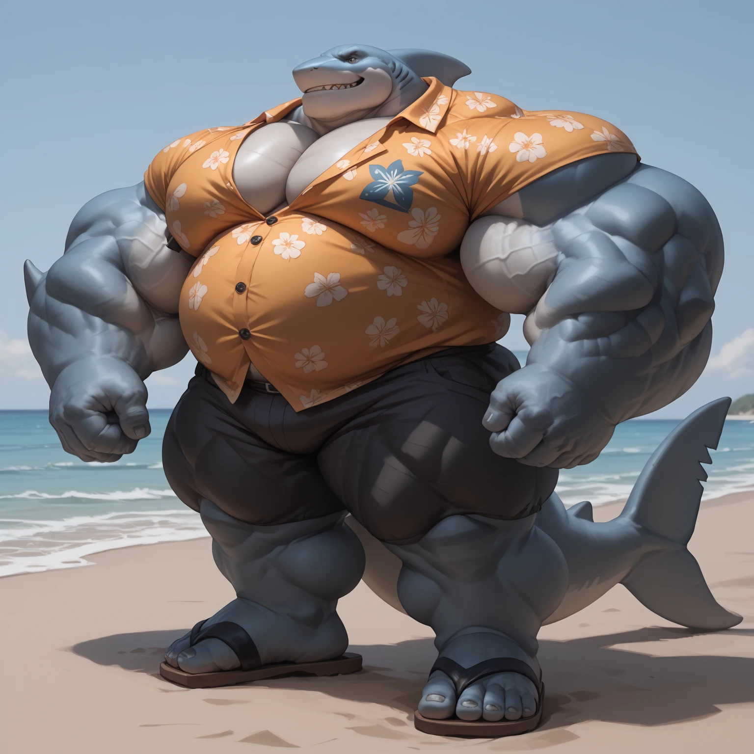 cute, (Obese, Overweight male, anthro, shark), no hair, (detailed eyes, detailed mouth), bright lighting, background effects, perfect face, centered, approaching perfection, dynamic, highly detailed, sharp focus, intricate details, field, blue and white striped linen boxers
