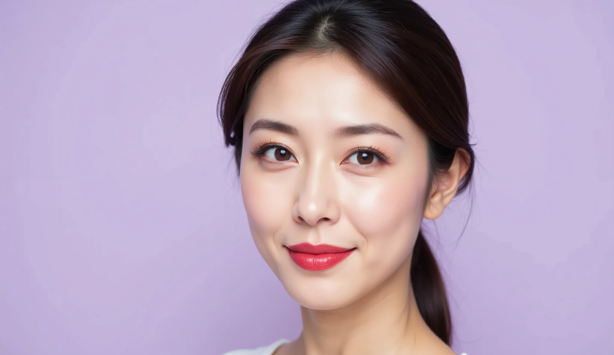 with sophisticated lavender pink eyeshadow and glossy red lips、beautiful 48-year-old Japanese woman. She maintains an elegant posture, she is calm and looking directly in front. The background is a soft pastel lavender gradation. High precision in selection, Super Detailed, Unrivaled Beauty, Characterized by a realistic texture.

