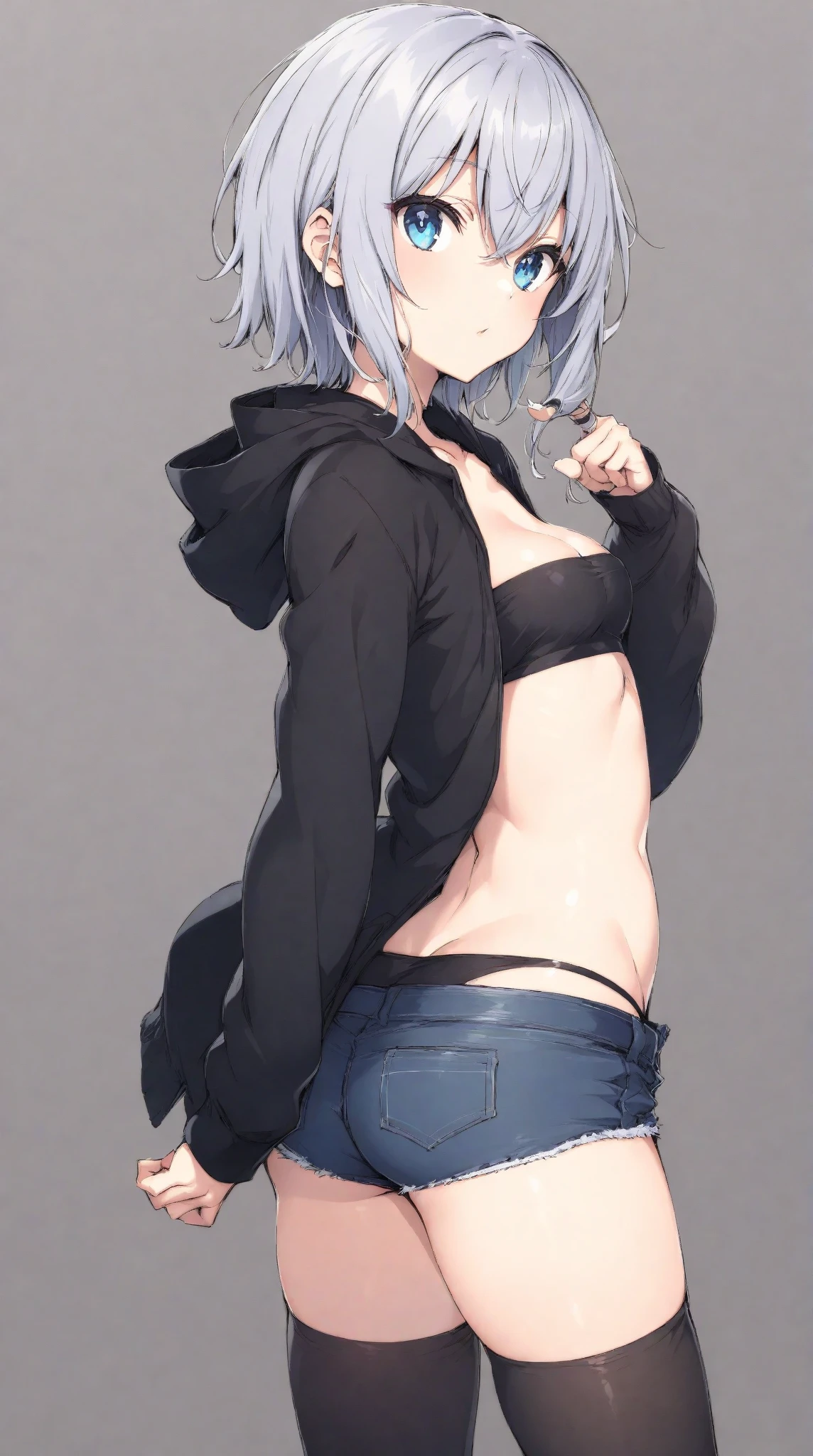 nsfw,1 girl,Androgynous,Solo,medium hair,blackshirt,big breast,shirt overhang,navel,cowboy shot,looking at viewer,shortshorts,dark colored,best quality, very aesthetic, absurdres,cool,peek,underboob,(blue hair:0.5),silver hair, blue eyes