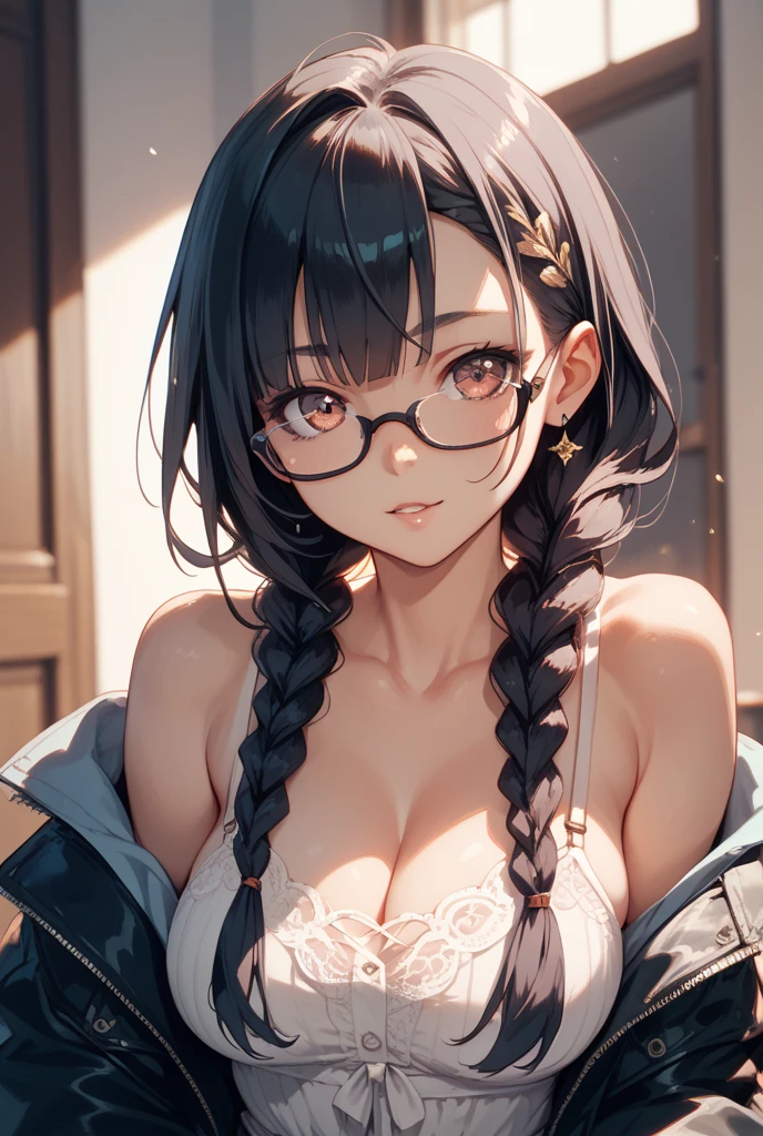 highest quality,wonderful,finely,extremely detailed CG Unity 8K wallpaper, (Stand in line:1.2), (3 girls, cute eyes, Black Hair, Blue Eyes, Glasses, double bun, clothed), (sparkling eyes:1.2), (small breasts), (wariza:1.4), (cleavage), (midriff peek:1.2), (open mouth:1.1), (long tongue:1.1), (mouth drool:1.1), (black stockings:1.1),(Thighs:1.2),(Waistline:1.1),(Waistline), (From above:1.4) showing breasts, erect nipples, pulling panties, pussy juice