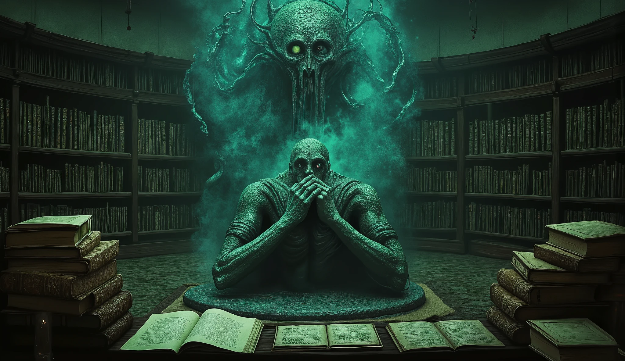 Cursed artifact in a dark library, Lovecraftian horror style, ancient books, ominous aura.