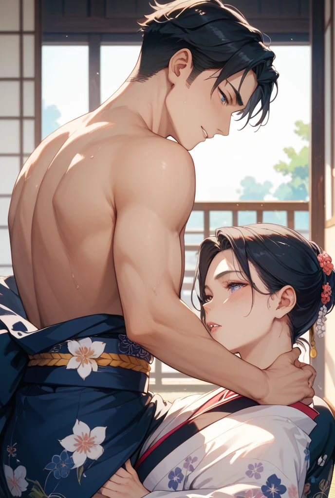 Masterpiece of Asian Men got hugged by Asian Women behind him on bed, men get naked, women wear sleepwear, comic artstyle 2D with line art, Very Detailed Line Art, Comic Artstyle 2D with Very Detailed Line Art, Colored Line Art.