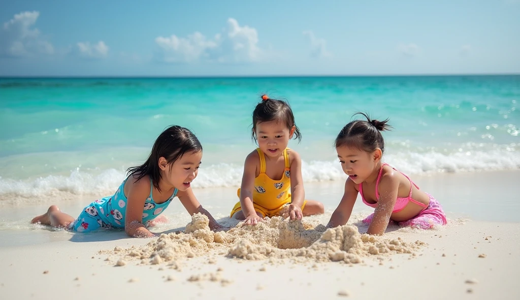 RAW photo, best, masterpiece, best quality, high quality, extremely detailed, Professional photo shoot with children making sand castles on the beach at sunset, the sky has reddish and orange colors, photo taken with a professional camera and great depth focus, award-winning image, highly detailed, highly realistic, hyper-realistic, ultra-realistic,