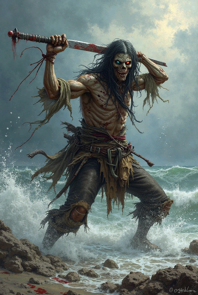 pirate:1.2, skeleton:1.2, with torn clothes, dark tone, scary scene, big wave, thunder, raining, high quality, high detailed, masterpiece, 8k, cinematic lighting, superrealistic, long exposure, full body shot, lightening, dressart