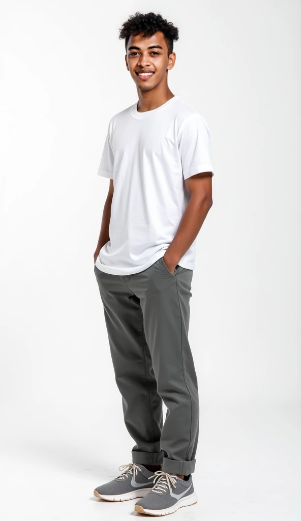 Portrait of a young Indonesian man, 20 year old, smooth light brown skin, sunken almond-shaped brown eyes, strong eyebrows, very short curly black hair, army look hair style, no mustache and no beard, symmetrical face, faint smile, skinny body build, height 165 cm.
Hair style : very short curly black hair, army look hair style
Outfit : Wear White short-sleeved shirt neatly tucked into trousers, gray casual trousers, sport shoes.
Pose : Standing casually with hands in pockets.
Camera Angle : Eye level shot, side view, full body and legs.
Background : Plain white background.
Picture : Photorealistic, High resolusion, cinematic focus, cinematic lighting, color image, cinematic color, detailed skin texture, blurred background, Natural shades.
