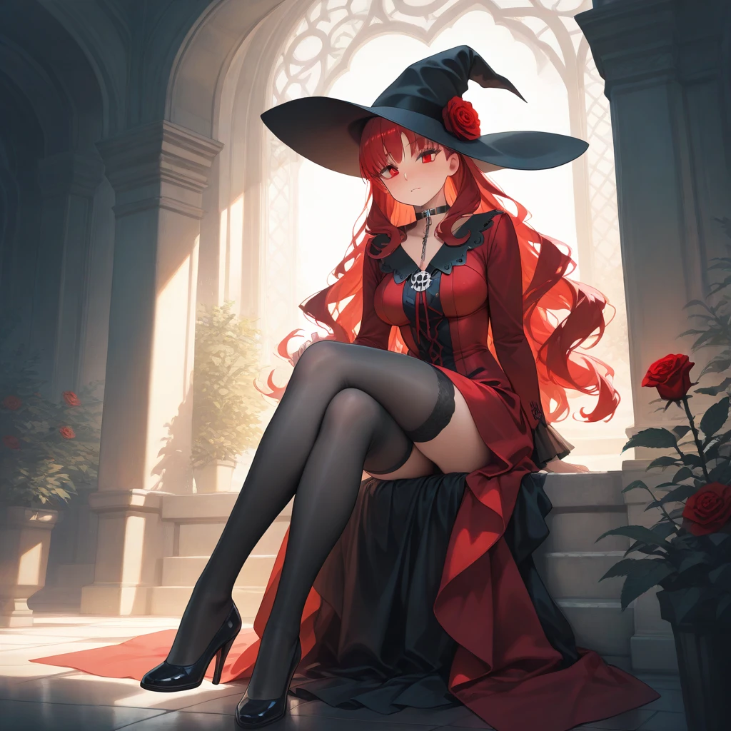 ((big breast, big hips)), beautiful female, long elf ears, redhead hair, long hairstyle, smiling expression, {red} {very big} witch hat, ({red} pelvic curtain dress), {red} long gloves, tight high wear with garter belt, perfect creation, perfect art, highly detailed, detailed art, masterpiece, perfect creation, perfect art,
