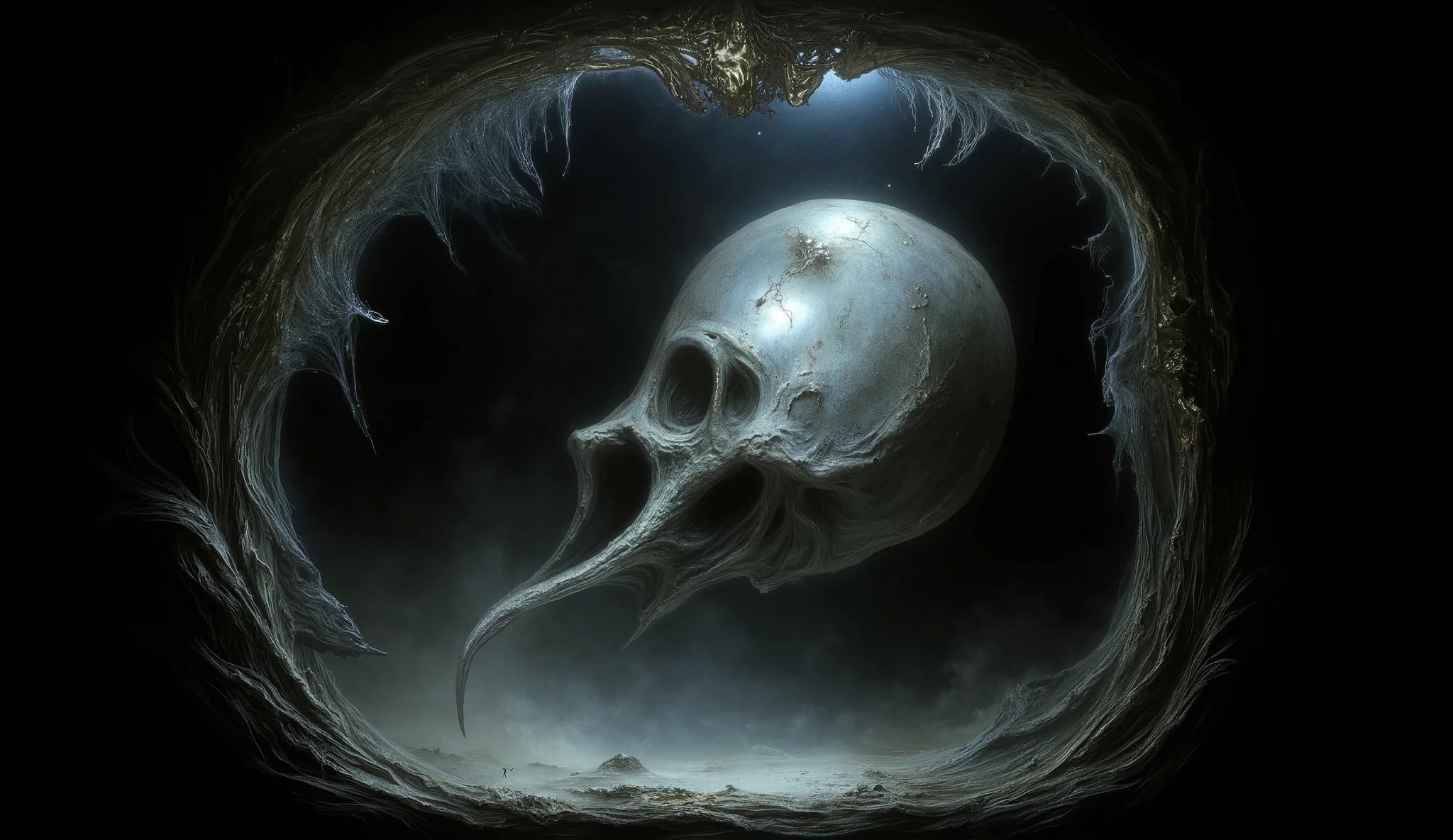 Haunted mirror reflection, psychological horror style, distorted reality, eerie atmosphere.
