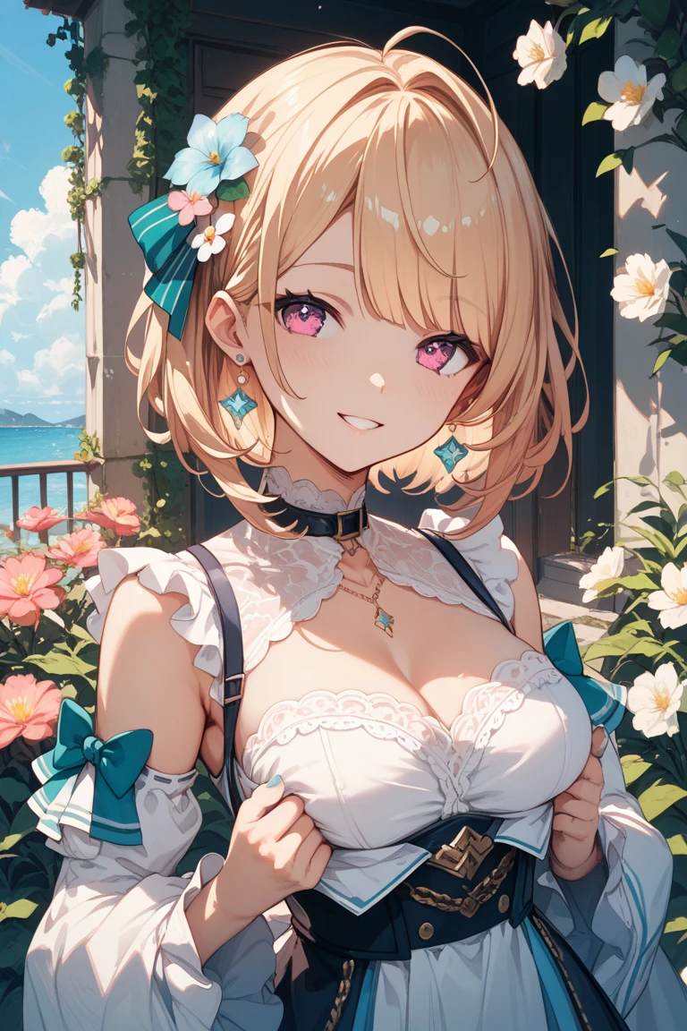 1 girl, blonde bob hair, heart shaped eyes, ♡, big breasts, lace queen, {girl with blonde bob hair named nao}, (Pink eye color), {race car}, (smile), bright background , mole under eye, Star-shaped choker, (masterpiece, highest quality), very detailed, highest quality, official art, beautiful and aesthetic: 1.2), (1 girl), very detailed, (geometry art: 1.3), colorful, most detailed ,(garden,beautiful flower々), (masterpiece, highest quality), official art, beautiful and aesthetic: 1.2), (1 girl), very detailed, (geometry art: 1.3), colorful