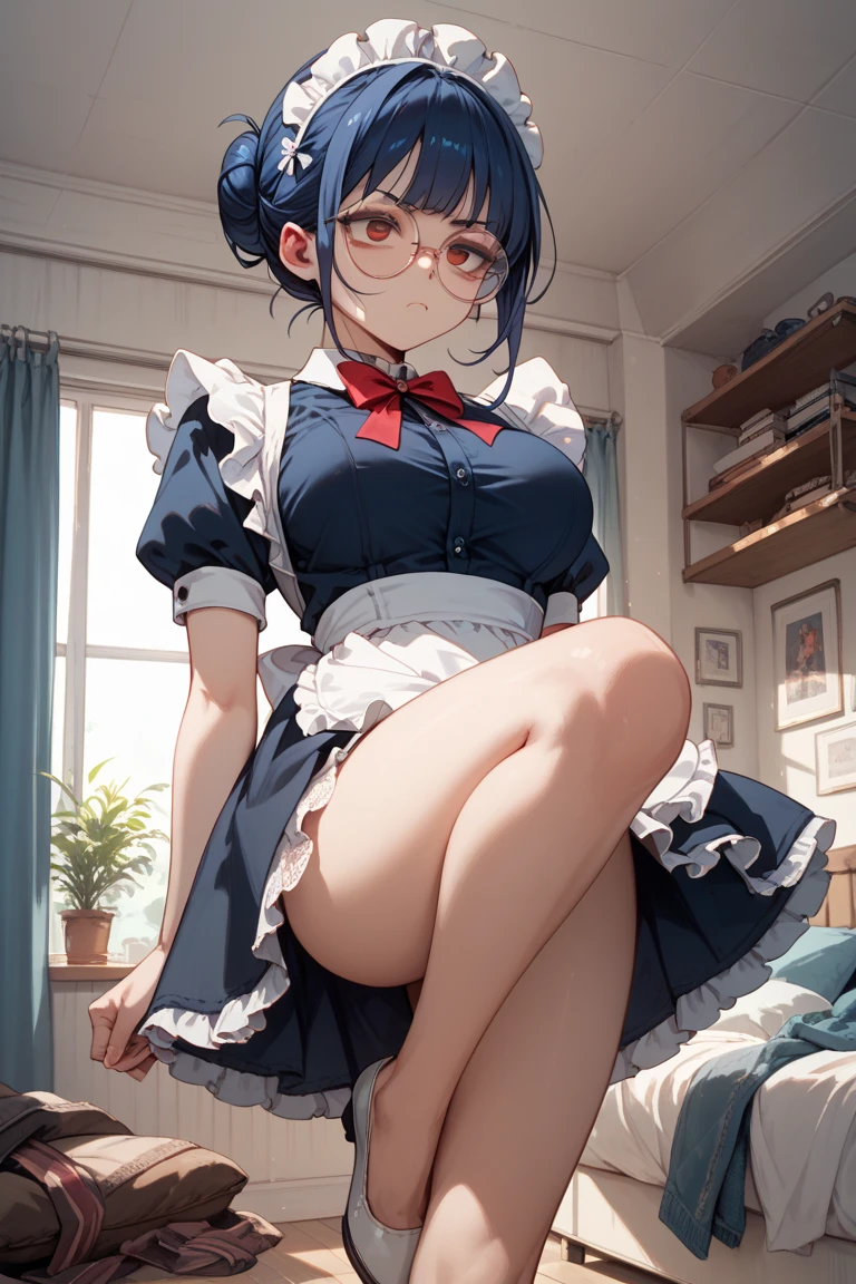 8K、masterpiece、Japanese、Woman wearing glasses、Neon(nod)、from the front、smile、Childish、Small breasts、See-through underwear、night、Bedroom、Show your underwear、mini skirt