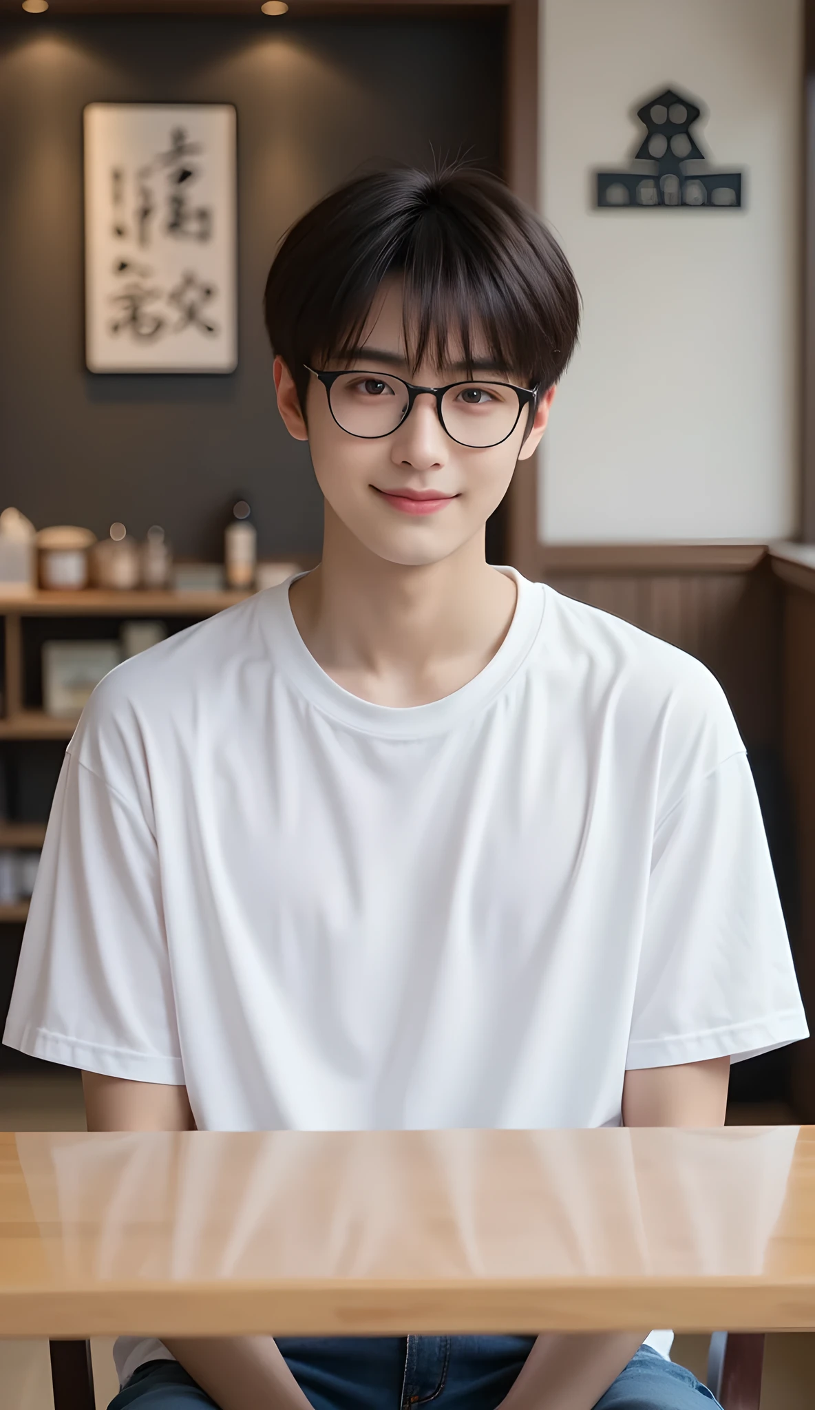 A handsome 25-year-old half Korean, half Japanese man sitting in front of the camera, there is a large wooden table between the camera and the man, the man is smiling, has short black hair with waist, black fine eyes, a gentle smile, sharp eyebrows, a round face, a nice fine face in the office, a small nose, full body pose, the man is wearing a plain white oversized T-shirt and thick blue jeans, the man is wearing black-rimmed glasses, the background is a Japanese izakaya.
