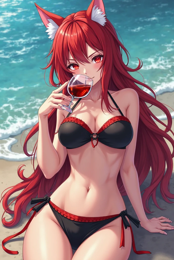 ((masterpiece, best quality)), (1girl),((mature female)), red hair, hairband, bangs, long hair, two piece strapless suit,, __location_, black hairband, shoulder cutout, black thitying hair,curvy,cleavage,confident,nature,