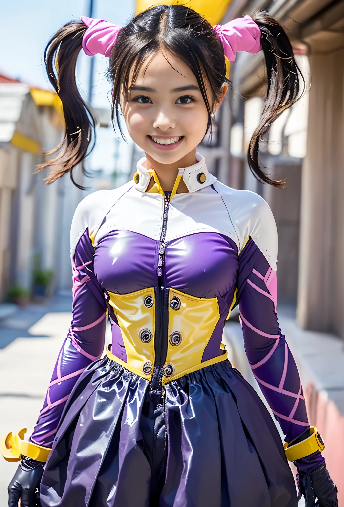 (RAW Photos、Highest quality)、(Realistic、Photorealistic:1.3)、Highest quality、masterpiece、Very delicate and beautiful、A hVery detailed、Hmph、Sense of unity、2k wallpaper、growing up、Beautiful in every detail、masterpiece、light smile、Highest quality、HVery detailed ticker Unity 8K wallpaperS、Large file size、Very detailedな、High resolution、Very detailed、((Euphoric look))、((orgasm:1.2))、((smile:1.15))、((sweating:1.4))、((translucent:1.55、Features a collar that clings to the skin and a beautiful silhouette.、Pale pink and purple sailor-style bodysuit....:1.6))、Blue and purple、ribbon、Sailor Hat、Double frill garter、Very cute girl、10th Generation、Part of an idol group、(((concert「ザ☆ピ〜S!」Dancing)))、(Spread your legs wide), (Pull your hips back), (Warp your upper body), Place your left hand on your hip.、The right hand salutes with two fingers、Hair is moving、Spotlight、Professional Lighting、Cinematic Light、3D、Audience'perspective、