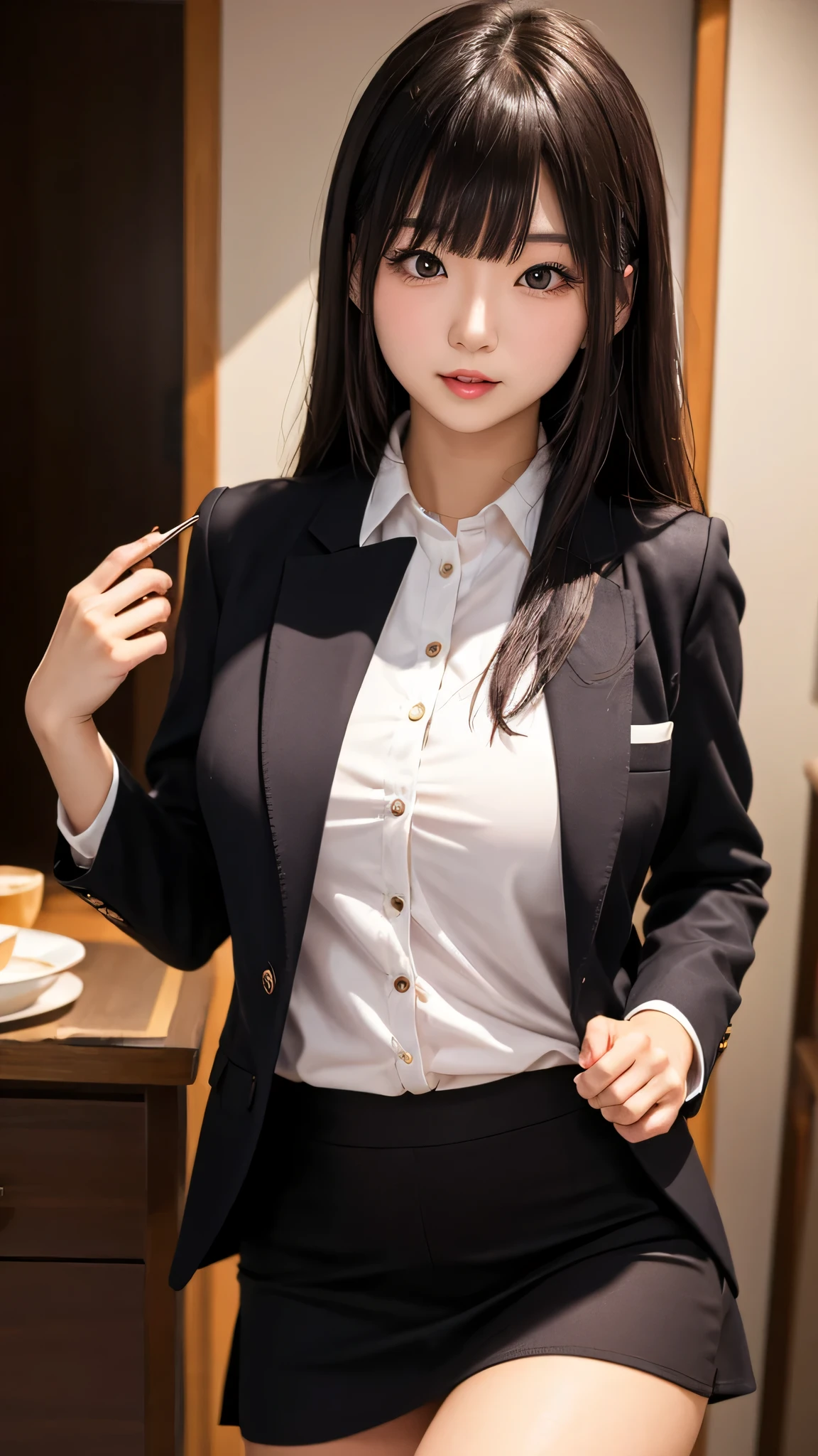 ((high quality)), ((Tabletop)), (Detailed face), (highlight), Asian Girl、Big breasts、thigh、Black Hair、Heavy bangs、high school girl、skirt、blazer、
