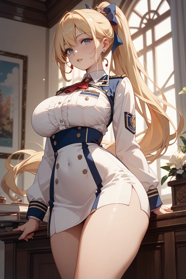 masterpiece, best quality, highres, hmmisaki, long hair, symbol-shaped pupils, +_+, large breasts, white gloves, elbow gloves, white thighhighs, smile, Maid Costume service (Hotel、On the bed) Big Breasts++++ Thick thighs Bright light